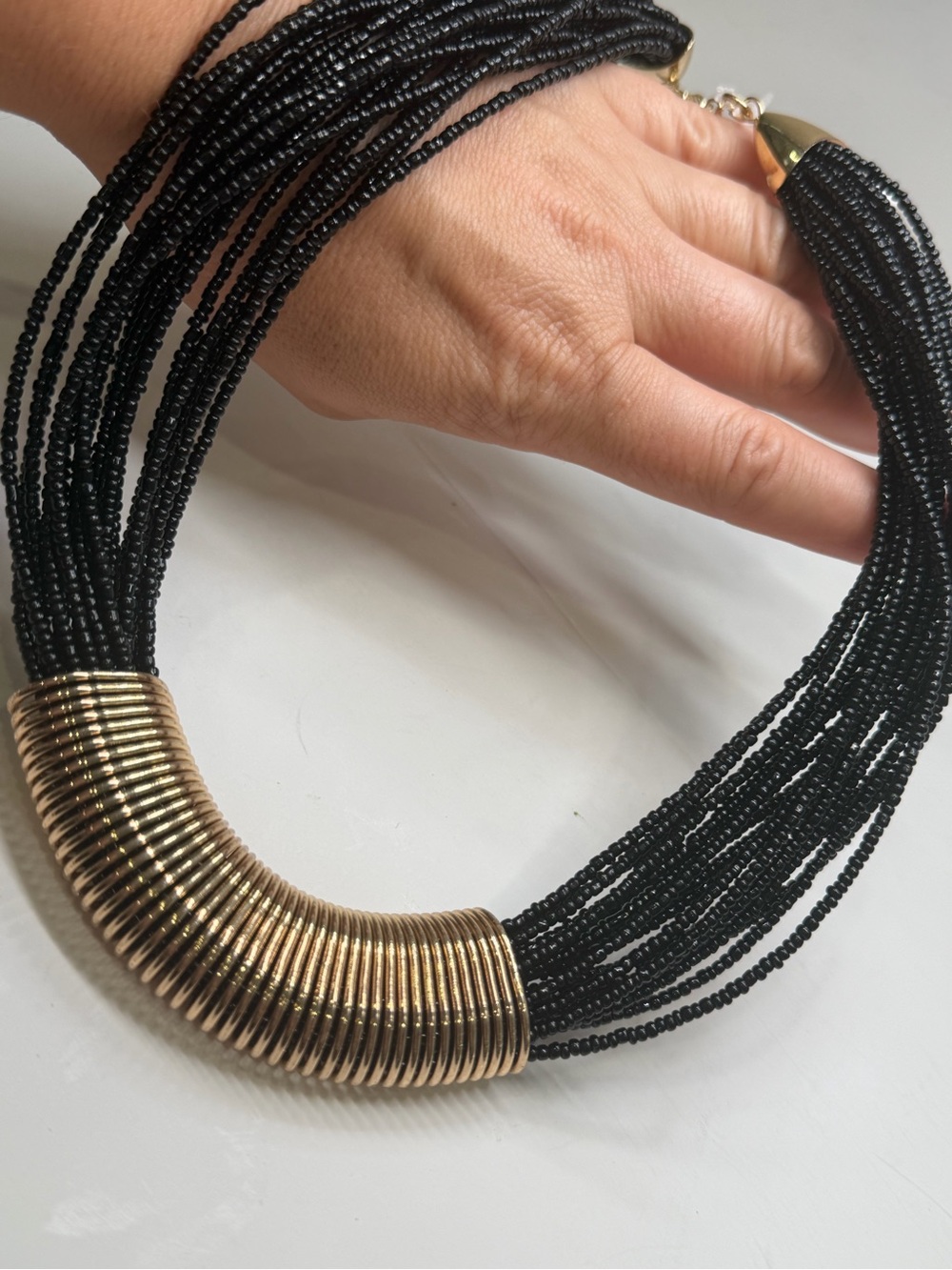 Black Beaded Necklace with Gold Coil Accent - Picture 2 of 9
